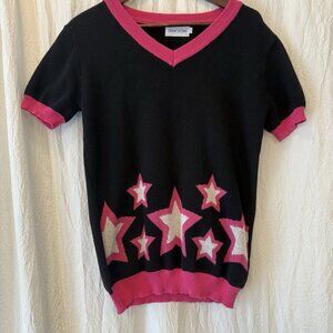 Oxknit Black Pink V Neck Sweater Women’s Large Retro Artsy Funky 90s Y2K Stars